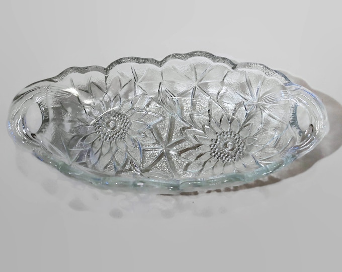 1960's Indiana Glass Pressed and Textured Clear Glass Elongated 9 1/4" Bowl/Dish with Sunflowers