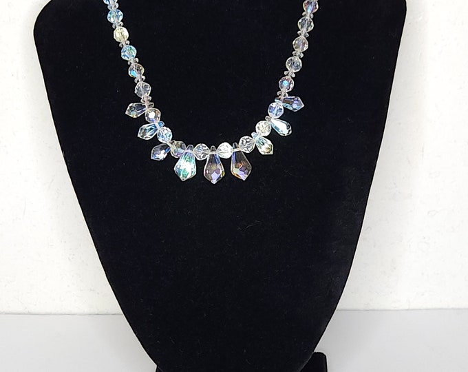 Vintage AB Crystal Faceted Teardrops and Round Beaded Necklace D-1-3