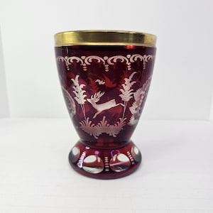 Antique Bohemian Goblet Chalice Ruby Cut to Clear Stag Pheasant