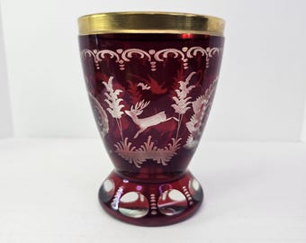 Antique Bohemian Goblet Chalice Ruby Cut to Clear Stag Pheasant