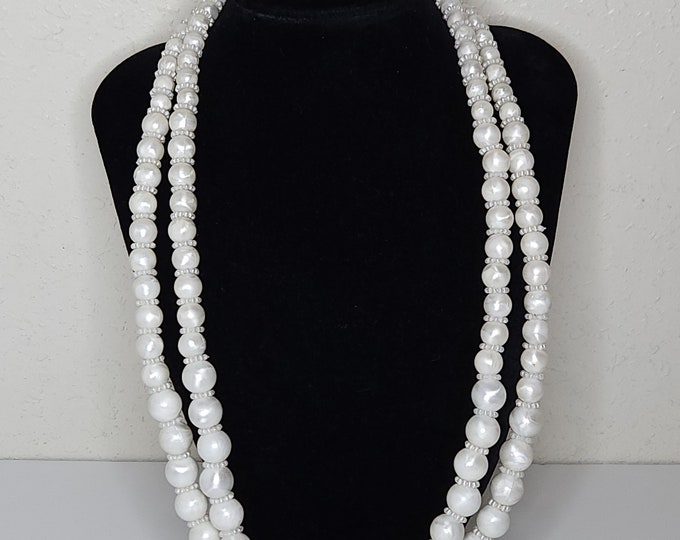 Vintage Crown Trifari Signed Two Strand Faux Pearl Plastic Graduated Beaded Necklace D-2-2