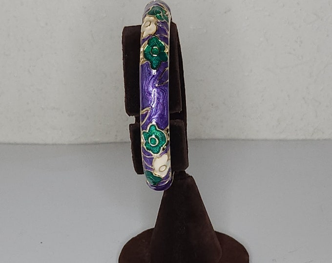 Vintage Faux Cloisonne Floral Purple, Green and White Enamel on Gold Tone Clamper Bracelet C-2-9