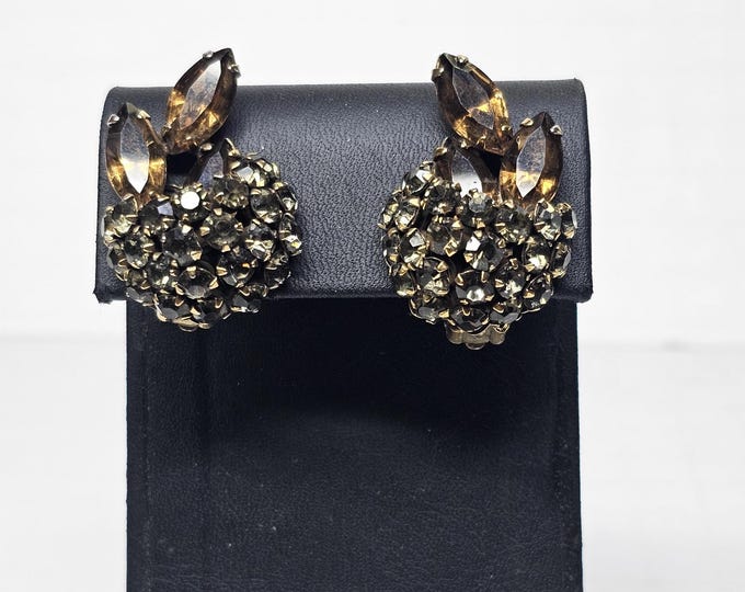 Vintage Kramer 'Basket' Rootbeer Topaz & Smoky Rhinestone Clip On Earrings E-1-5