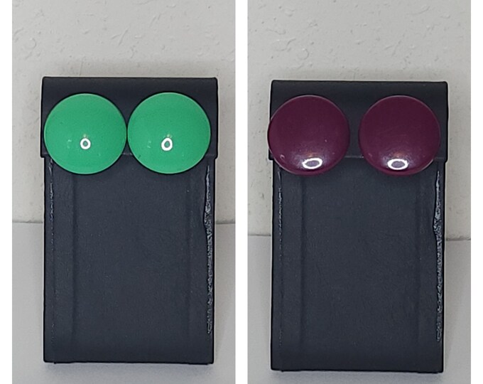 Vintage Two Pairs of Large Round Button Stud Earrings in Green and Maroon D-2-88