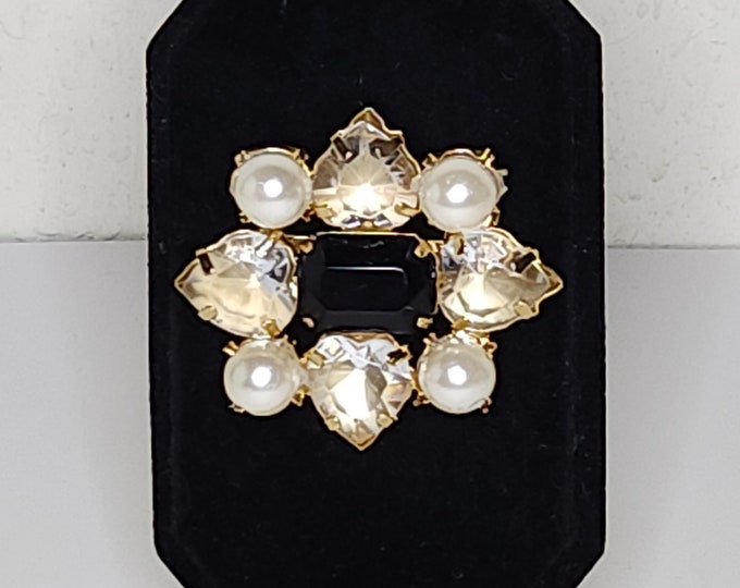 Gold Tone, Clear Acrylic Heart, Black Rectangle Rhinestone, and Faux Pearl Brooch Pin C-7-78