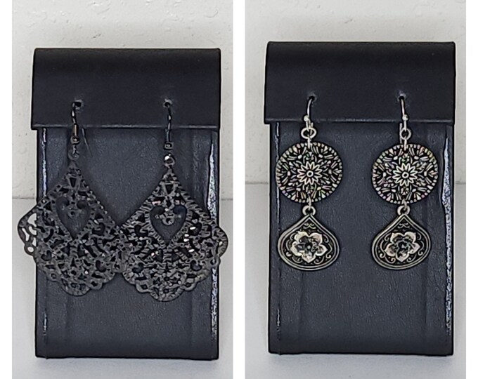 Vintage Two Pairs of Dangle Earrings - Hammered Gunmetal Tone Filigree, Silver Tone Floral Discs C-3-80