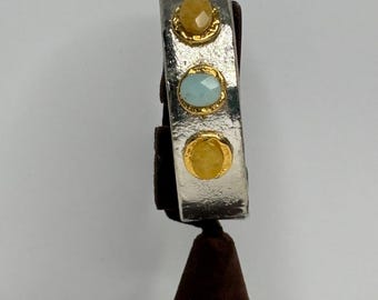 Two Toned Costume Foiled Silver Tone Look with Gold Tone Settings with Faux Citrine and Aqua Glass Stones Cuff Bracelet Size 6.75” D-8-40