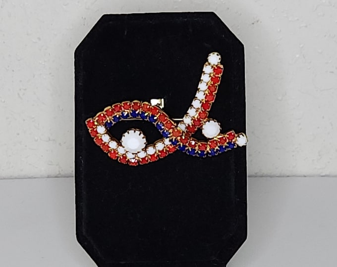 Vintage Red White and Blue Rhinestones in Gold Tone Ribbon Brooch Pin C-1-64