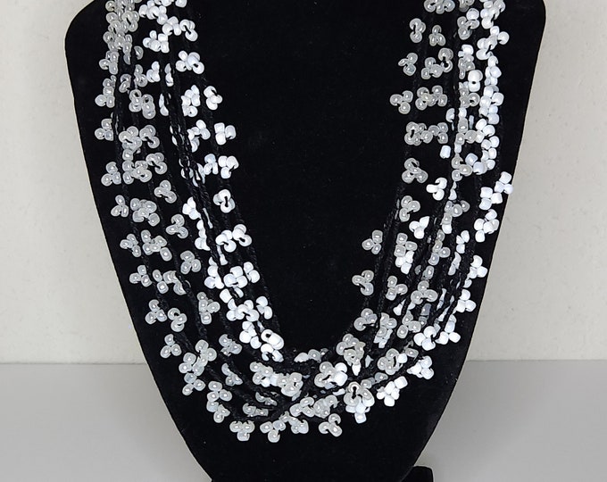 Vintage Gray and White Seed Bead on Black Thread Necklace and Earrings Set B-1-78