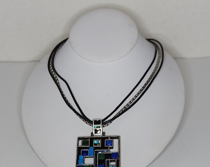 Vintage Chico's Signed Three Strand Necklace and Square Pendant with Blue Dyed Stone and Glass Detailing C-9-11