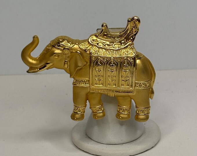 Vintage JJ Signed Asian Styled Elephant with Saddle Brushed and Polished Gold Tone Brooch/Pin D-8-77