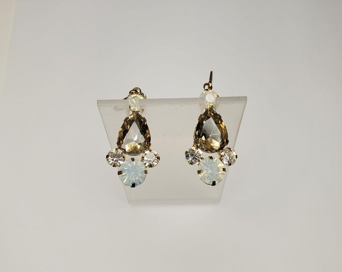 Gold-Tone Pear Shaped Citrine Crystal with Clear and Opalescent Glass Lever Back Earrings D-6-63
