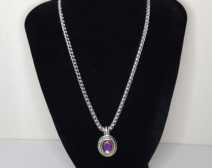 Vintage Silver Tone, Gold Tone and Purple Oval Pendant Necklace D-2-80