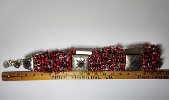 Vintage Silver Tone, Real Coral and Onyx Bead 36-… - image 2