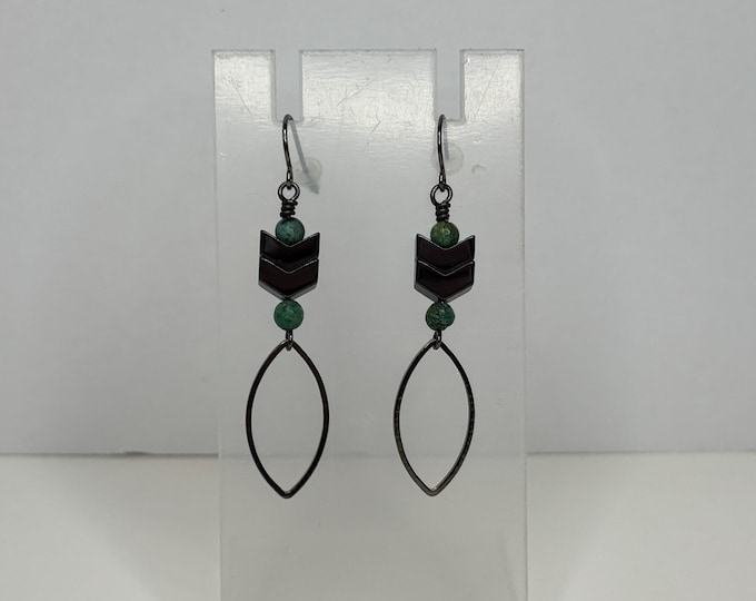 Hematite and Gunmetal Tone with Turquoise Beads Chevron Earrings D-8-4