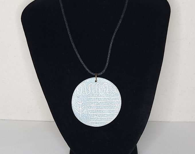 Vintage Carved Light Blue Ceramic Circle Pendant on Black Cord Necklace C-5-88