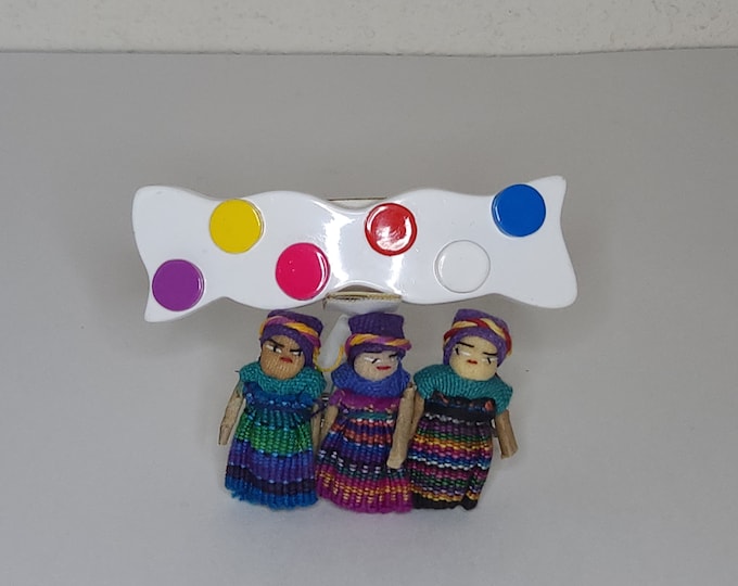 Vintage Set of Two Hair Barrette / Clips - 3 Guatemalan Worry Dolls Barrette, White Wavy Rectangle with Multicolor Polka Dots D-2-67
