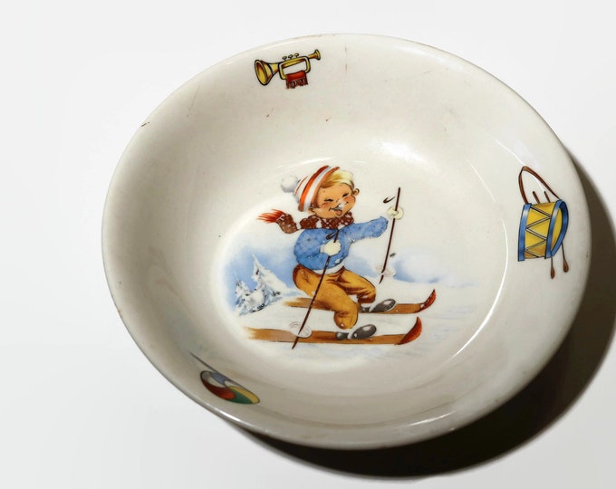 Vintage Royal Made in Columbia Childs Bowl w/Little Boy Skier