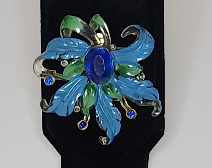 Vintage Clear Blue and Green Floral Brooch Pin with Blue Rhinestones A-5-65
