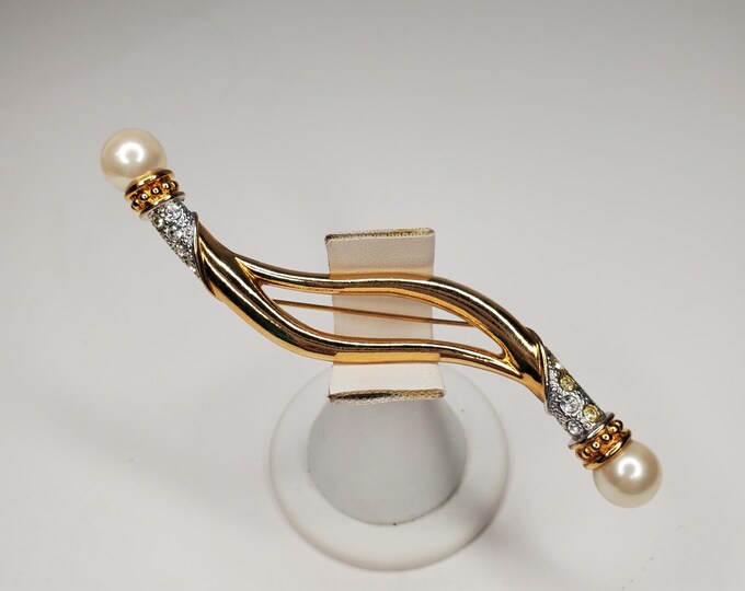 Avon Gold-Tone and Sliver-Tone Abstract/Twisted Bar Brooch with Rhinestones and Faux Pearl Brooch D-6-47