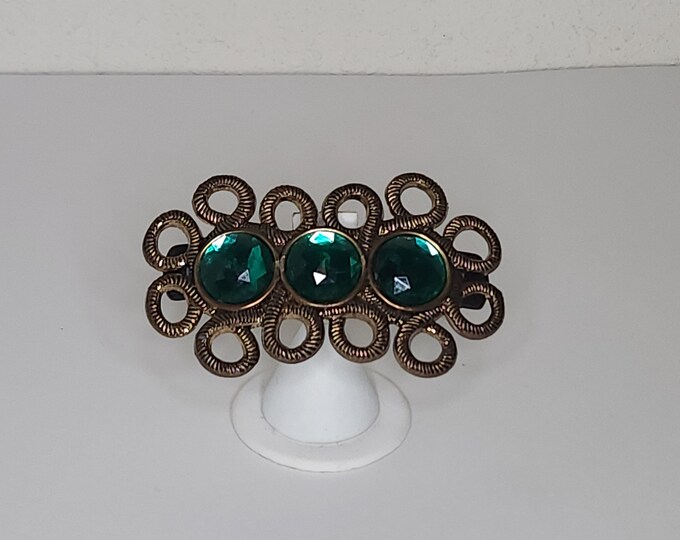 Vintage Gold Tone Rope Loops and Green Faceted Plastic Rhinestones Hair Barrette / Clip D-2-63