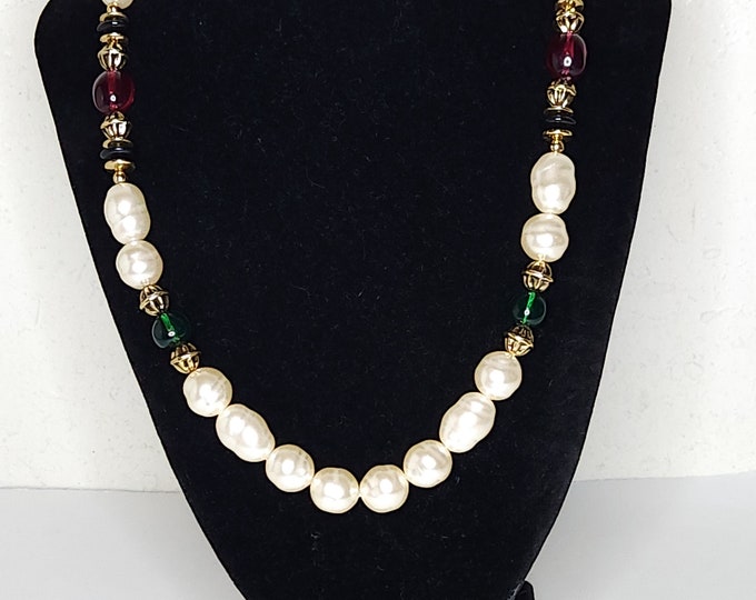 Vintage Faux Freshwater Pearl Necklace with Red, Green, Gold Tone and Black Accent Beads C-3-37