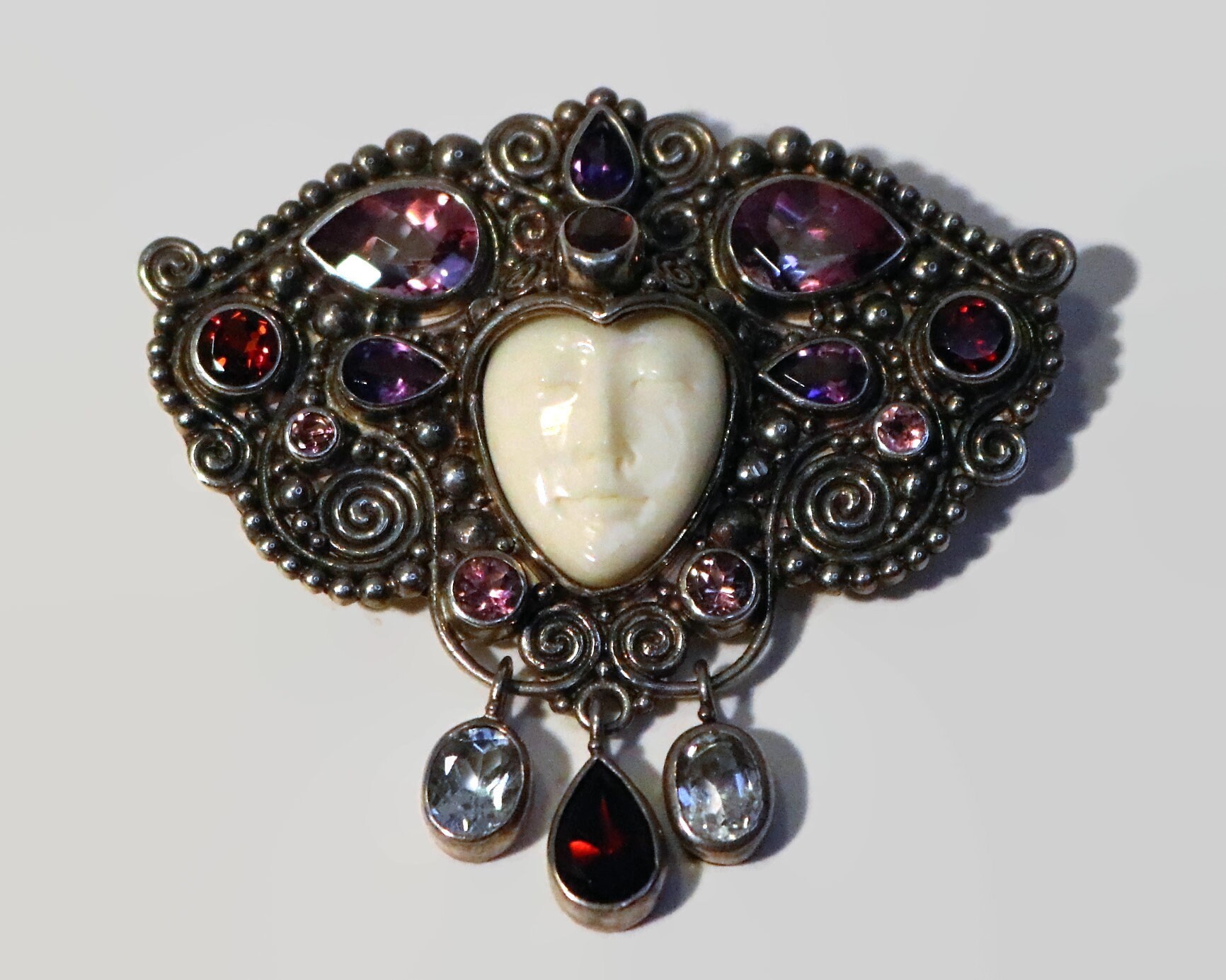 Vintage Sajen Moon Face Goddess Brooch Pendant Combo Sapphire, Amethyst