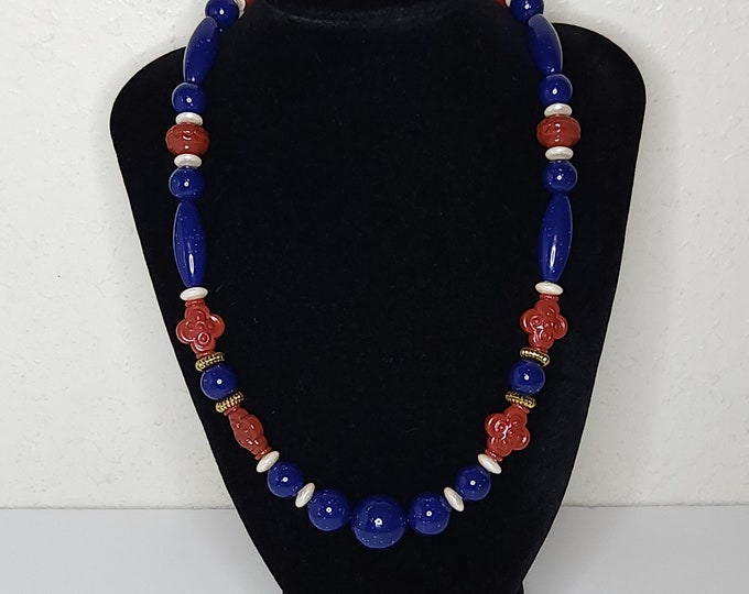Vintage Blue, Red, Cream and Gold Tone Plastic Beaded Necklace D-2-1