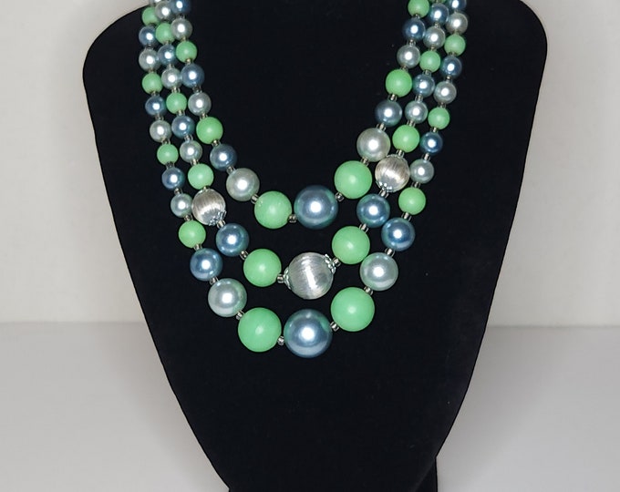 Vintage Three Strand Green and Metallic Blue Round Graduated Bead Necklace A-8-21