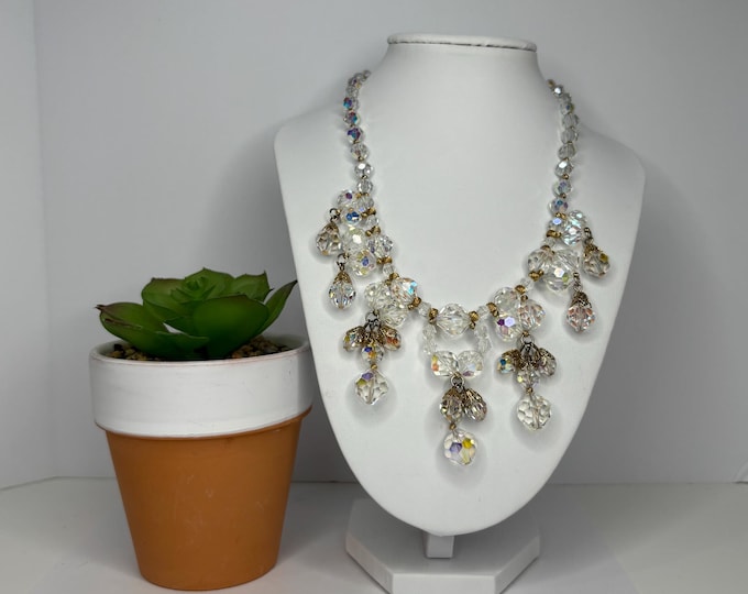 Juliana-Style Aurora Borealis AB Crystal Necklace with Gold Filigree Accents Approx 16” D-7-5