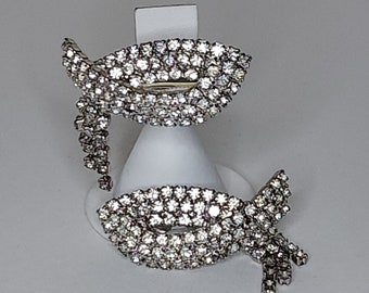 Vintage Musi Signed Shoe Clips Silver Tone with Clear Rhinestones B-3-35
