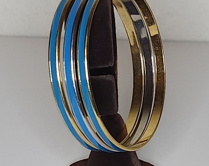 Vintage Set of Three Gold Tone and Silver Tone with Blue Enamel Bangles A-5-15-RRH