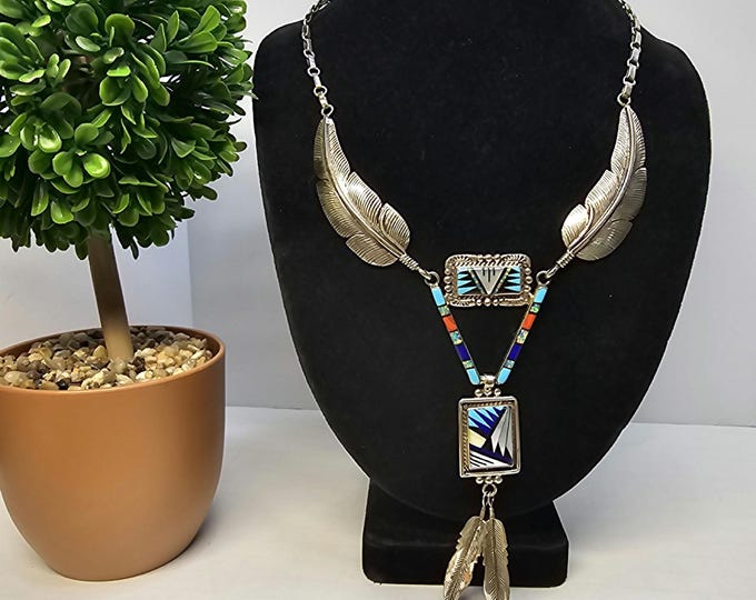 Vtg James Mason JM Navajo Sterling Feather and Inlay Inlaid Opals, Onyx, Lapis, Coral, Mother of Pearl, Turquoise 23" Necklace D-5-29