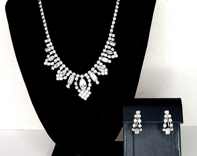 Vintage Silver Tone and Clear Rhinestone Cup Chain Necklace and Matching Screw Back Earrings Set D-4-35