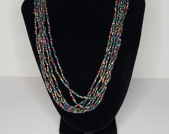 Vintage Gold Tone Green and Red Seed Bead Seven Strand Necklace A-6-84