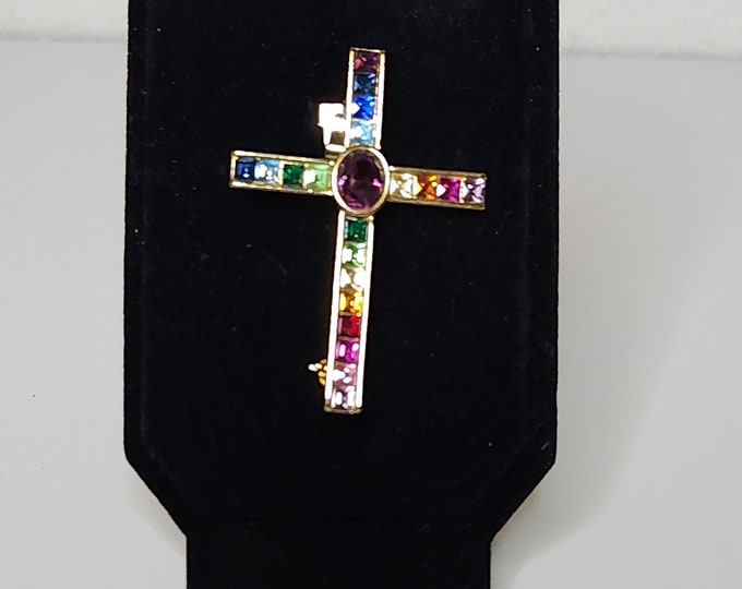 Vintage 1998 PSCO Marked Cross Brooch Pin with Multicolor Rhinestones A-5-59