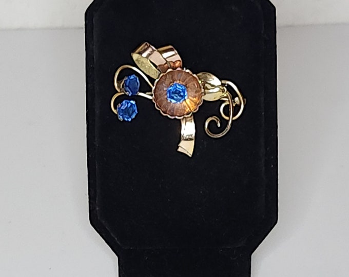Vintage Harry Iskin Signed 10K Gold Plated Floral Brooch with Blue Hexagon Rhinestones B-5-33