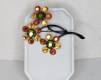 Vintage Black Enameled Three Flower Brooch Pin with Green, Yellow and Orange Glass Rhinestones D-4-49