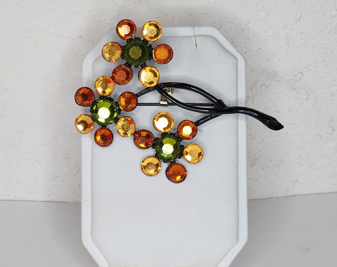 Vintage Black Enameled Three Flower Brooch Pin with Green, Yellow and Orange Glass Rhinestones D-4-49