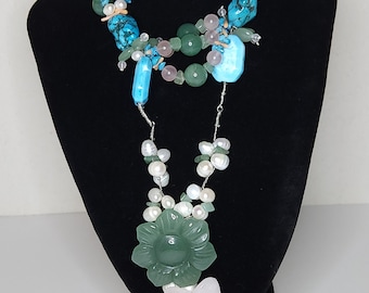 Vintage Artisan Rose Quartz, Jade, Dyed Howlite, Coral, Real Pearl Flower Necklace on Sterling Clasp B-3-23