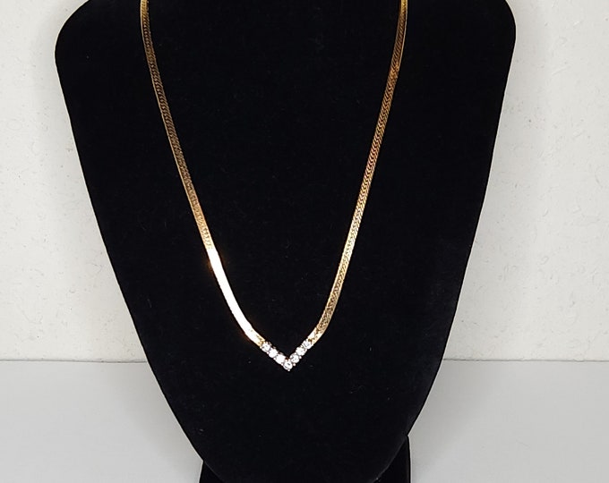 Vintage Gold Tone V-Shaped Serpentine Chain with Clear Rhinestones Necklace C-1-25