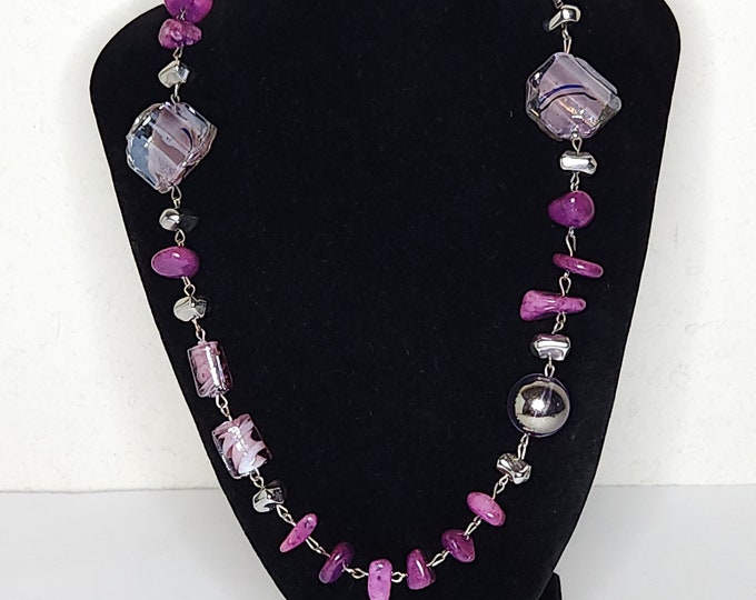 Vintage Purple Glass, Dyed Stone and Acrylic Beaded Silver Tone Necklace C-5-45