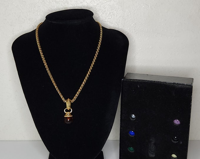 Vintage Joan Rivers Signed Interchangeable 10 Faux Stone and Faux Pearl Round Pendant and Gold Tone Chain Necklace Set D-1-66