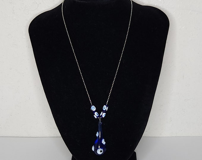 Vintage 8K GF Marked Silver Tone Ball Chain with Blue Evil Eye Art Glass Pendant Necklace C-8-28