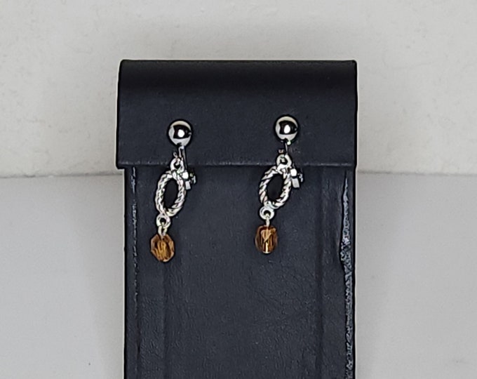 Vintage Silver Tone Clip-On Earrings with Rope Design Ovals and Orange Faceted Beads Dangles C-7-15
