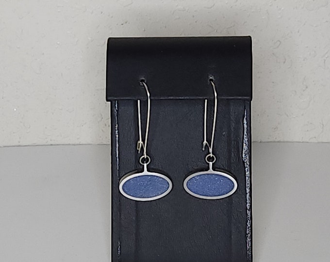 Vintage Brushed Silver Tone and Dusty Blue Oval Dangle Earrings C-3-79