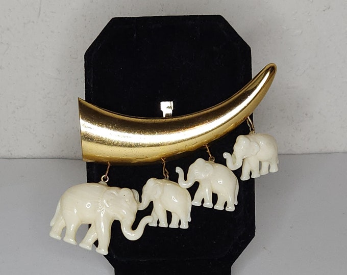 Vintage Miriam Haskell Signed Gold Tone Horn Shape with Faux Bone / Ivory-Look Elephant Dangles Brooch Pin C-6-42