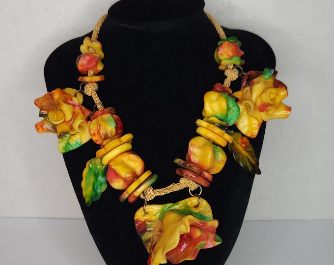 Vintage Artisan Large Resin Flowers and Yellow Braided Cord Necklace D-3-5