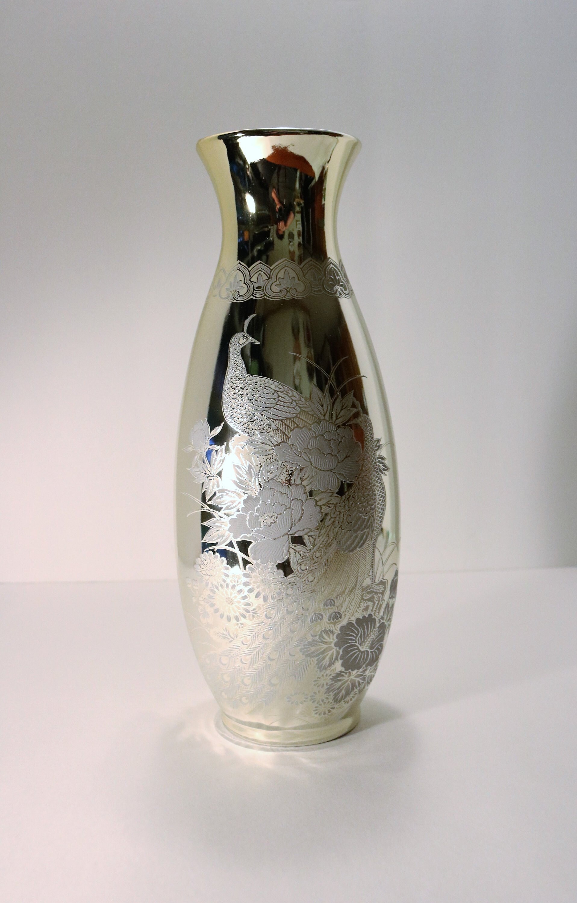 Mid Century Gold & Silver Interpur Japan Vase with Peacocks and Flowers