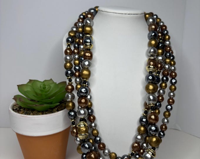 Faux Pearl Silver, Copper, and Gold Tone with Multi Strand Necklace 20” D-7-54